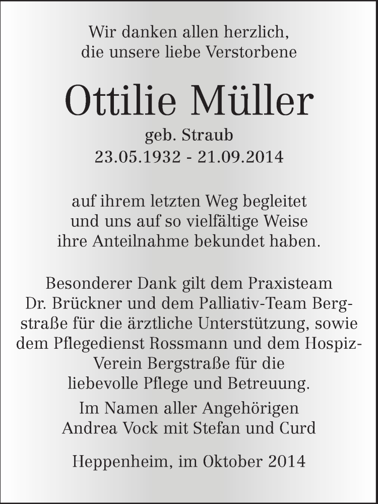  Traueranzeige für Ottilie Müller vom 24.10.2014 aus Starkenburger Echo