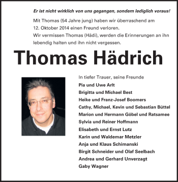 Traueranzeige von Thomas Hädrich von Echo-Zeitungen (Gesamtausgabe)