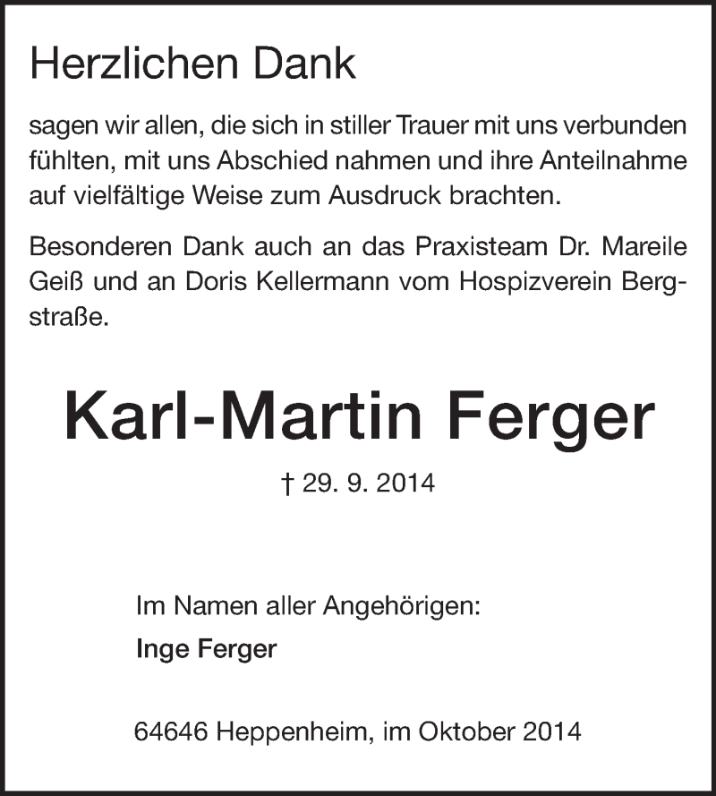  Traueranzeige für Karl-Martin Ferger vom 25.10.2014 aus Starkenburger Echo