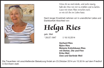 Traueranzeige von Helga Ries von Rüsselsheimer Echo, Groß-Gerauer-Echo, Ried Echo