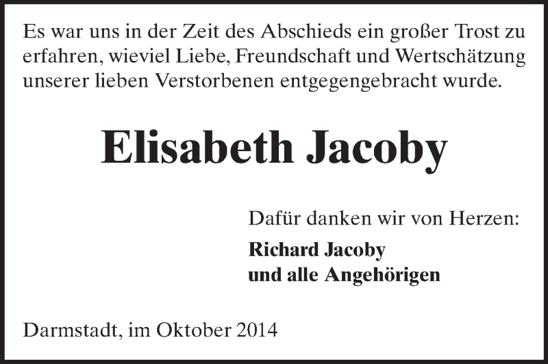  Traueranzeige für Elisabeth Jacoby vom 25.10.2014 aus Echo-Zeitungen (Gesamtausgabe)