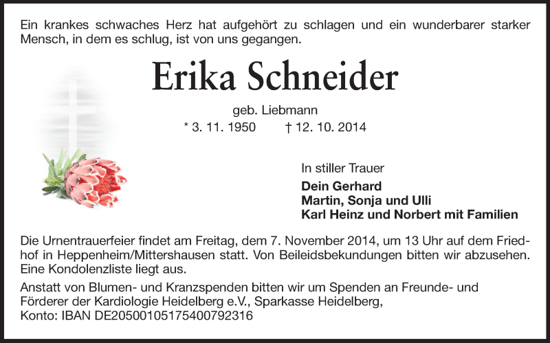  Traueranzeige für Erika Schneider vom 25.10.2014 aus Starkenburger Echo, Bergsträßer Anzeiger