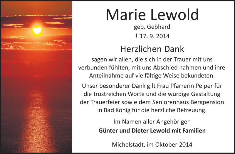  Traueranzeige für Marie Lewold vom 25.10.2014 aus Odenwälder Echo