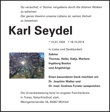 Traueranzeige von Karl Seydel von Echo-Zeitungen (Gesamtausgabe)