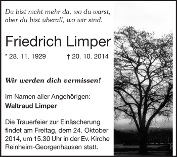 Traueranzeige von Friedrich Limper von Echo-Zeitungen (Gesamtausgabe)