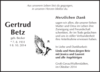Traueranzeige von Gertrud Betz von Rüsselsheimer Echo, Groß-Gerauer-Echo, Ried Echo