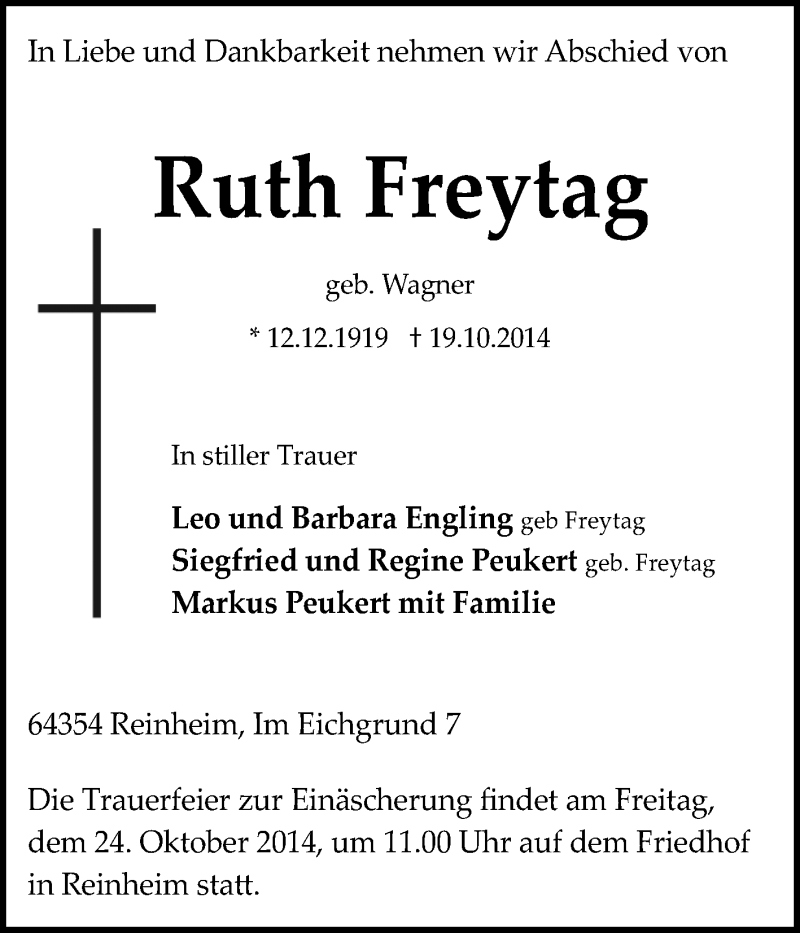  Traueranzeige für Ruth Freytag vom 22.10.2014 aus Darmstädter Echo, Odenwälder Echo, Rüsselsheimer Echo, Groß-Gerauer-Echo, Ried Echo