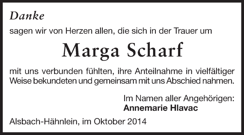  Traueranzeige für Marga Scharf vom 25.10.2014 aus Echo-Zeitungen (Gesamtausgabe)