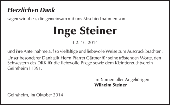 Traueranzeige von Inge Steiner von Rüsselsheimer Echo, Groß-Gerauer-Echo, Ried Echo