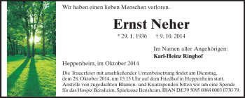 Traueranzeige von Ernst Neher von Starkenburger Echo