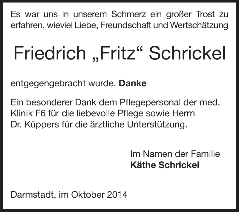  Traueranzeige für Friedrich Fritz Schrickel vom 25.10.2014 aus Echo-Zeitungen (Gesamtausgabe)