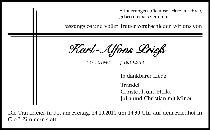  Traueranzeige für Karl-Alfons Prieß vom 23.10.2014 aus Echo-Zeitungen (Gesamtausgabe)