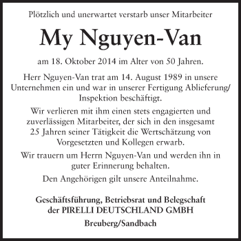 Traueranzeige von My Nguyen-Van von Odenwälder Echo