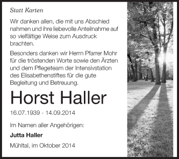 Traueranzeige von Horst Haller von Echo-Zeitungen (Gesamtausgabe)
