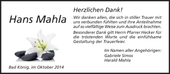 Traueranzeige von Hans Mahla von Odenwälder Echo