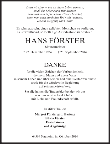 Traueranzeige von Hans Förster von Echo-Zeitungen (Gesamtausgabe)