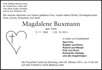 Traueranzeige von Magdalene Buxmann von Echo-Zeitungen (Gesamtausgabe)