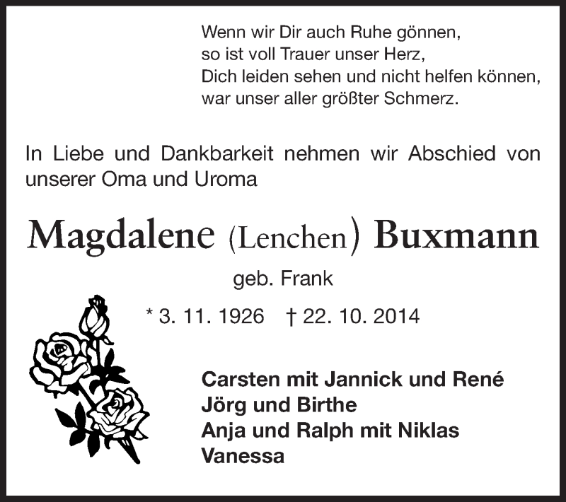  Traueranzeige für Magdalene Buxmann vom 25.10.2014 aus Echo-Zeitungen (Gesamtausgabe)