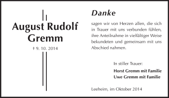 Traueranzeige von August Rudolf Gremm von Rüsselsheimer Echo, Groß-Gerauer-Echo, Ried Echo
