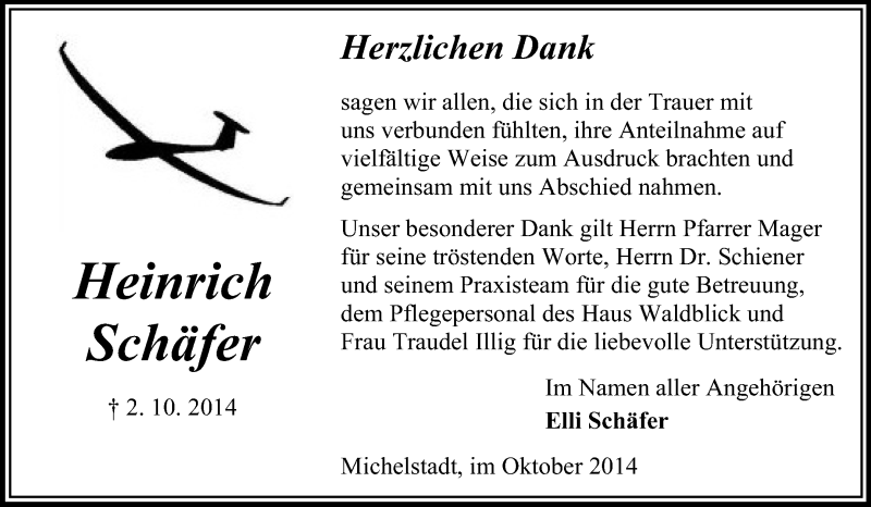  Traueranzeige für Heinrich Schäfer vom 25.10.2014 aus Odenwälder Echo