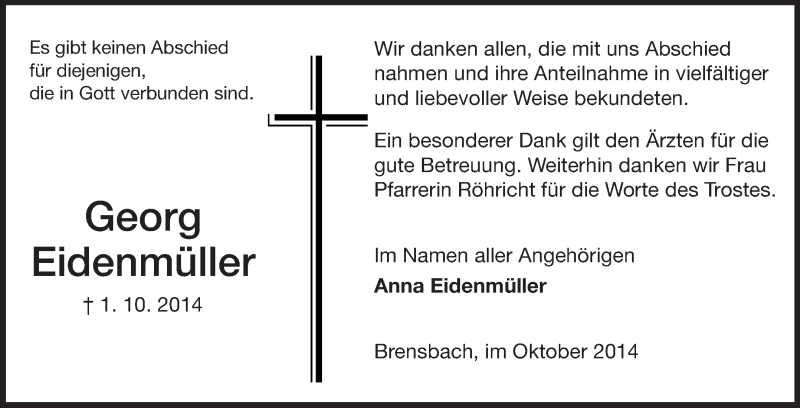  Traueranzeige für Georg Eidenmüller vom 25.10.2014 aus Echo-Zeitungen (Gesamtausgabe)
