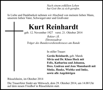 Traueranzeige von Kurt Reinhardt von Rüsselsheimer Echo, Groß-Gerauer-Echo, Ried Echo