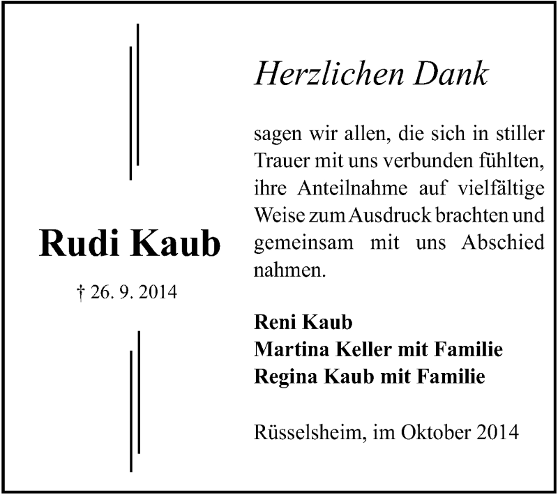  Traueranzeige für Rudi Kaub vom 25.10.2014 aus Rüsselsheimer Echo, Groß-Gerauer-Echo, Ried Echo