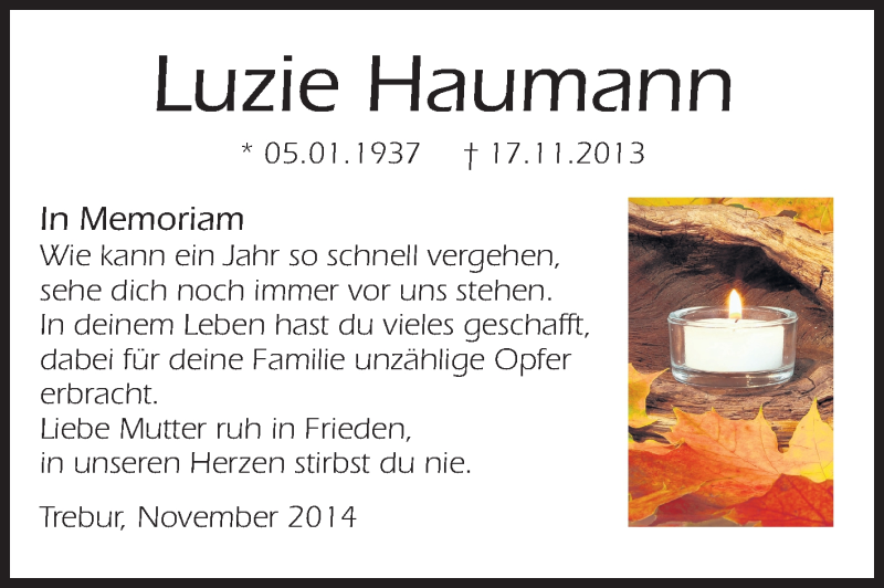  Traueranzeige für Luzie Haumann vom 17.11.2014 aus Rüsselsheimer Echo, Groß-Gerauer-Echo, Ried Echo