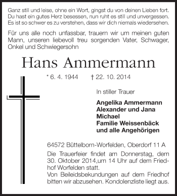 Traueranzeige von Hans Ammermann von Rüsselsheimer Echo, Groß-Gerauer-Echo, Ried Echo