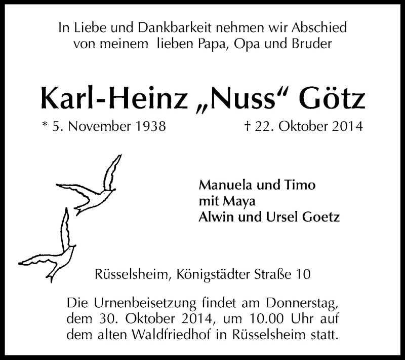  Traueranzeige für Karl-Heinz  Götz vom 25.10.2014 aus Rüsselsheimer Echo, Groß-Gerauer-Echo, Ried Echo