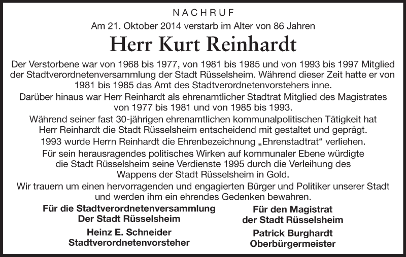  Traueranzeige für Kurt Reinhardt vom 27.10.2014 aus Rüsselsheimer Echo, Groß-Gerauer-Echo, Ried Echo