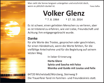 Traueranzeige von Volker Glenz von Odenwälder Echo