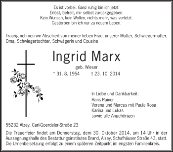 Traueranzeige von Ingrid Marx von Echo-Zeitungen (Gesamtausgabe)