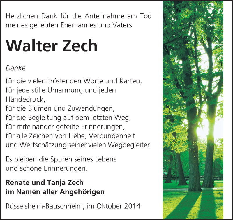  Traueranzeige für Walter Zech vom 27.10.2014 aus Rüsselsheimer Echo, Groß-Gerauer-Echo, Ried Echo