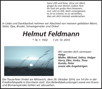 Traueranzeige von Helmut Feldmann von Rüsselsheimer Echo, Groß-Gerauer-Echo, Ried Echo