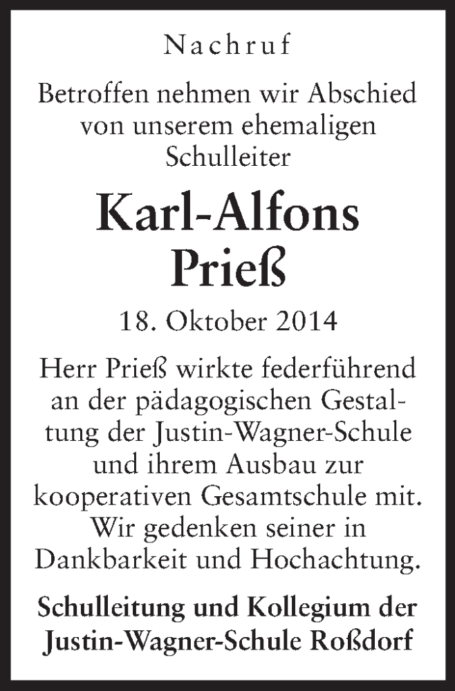  Traueranzeige für Karl-Alfons Prieß vom 28.10.2014 aus Echo-Zeitungen (Gesamtausgabe)