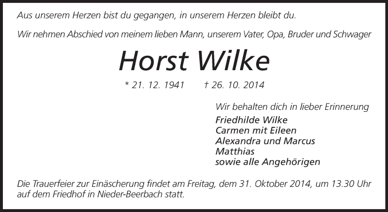  Traueranzeige für Horst Wilke vom 28.10.2014 aus Echo-Zeitungen (Gesamtausgabe)