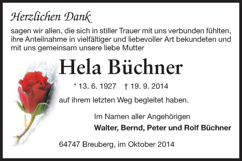  Traueranzeige für Hela Büchner vom 29.10.2014 aus Odenwälder Echo