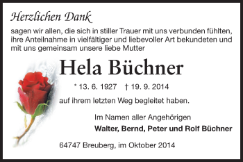 Traueranzeige von Hela Büchner von Odenwälder Echo