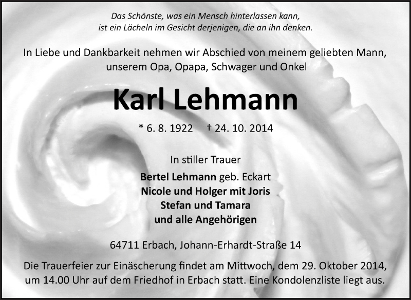  Traueranzeige für Karl Lehmann vom 28.10.2014 aus Odenwälder Echo