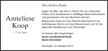 Traueranzeige von Anneliese Koop von Rüsselsheimer Echo, Groß-Gerauer-Echo, Ried Echo