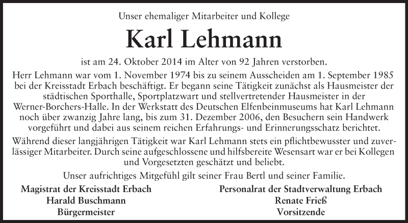  Traueranzeige für Karl Lehmann vom 28.10.2014 aus Odenwälder Echo
