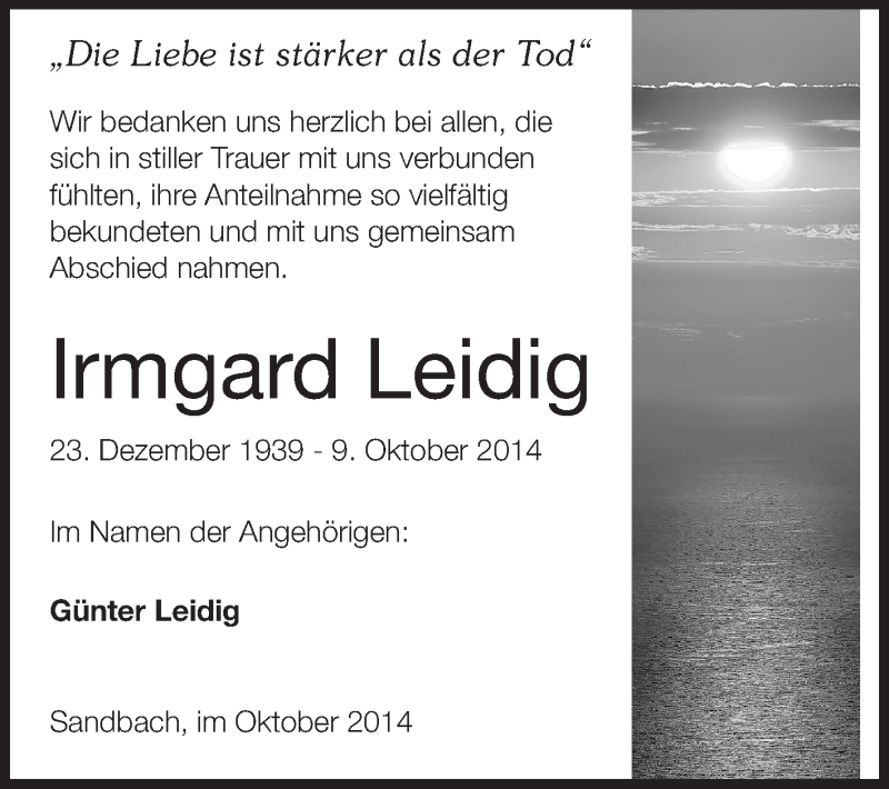  Traueranzeige für Irmgard Leidig vom 31.10.2014 aus Odenwälder Echo