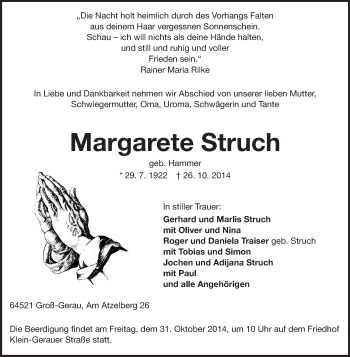 Traueranzeige von Margarete Struch von Rüsselsheimer Echo, Groß-Gerauer-Echo, Ried Echo