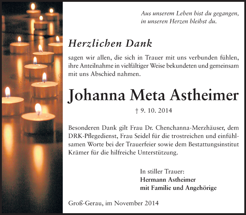  Traueranzeige für Johanna Meta Astheimer vom 01.11.2014 aus Rüsselsheimer Echo, Groß-Gerauer-Echo, Ried Echo