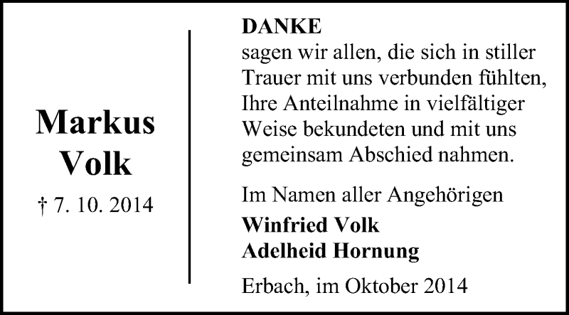  Traueranzeige für Markus Volk vom 29.10.2014 aus Odenwälder Echo