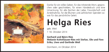Traueranzeige von Helga Ries von Rüsselsheimer Echo, Groß-Gerauer-Echo, Ried Echo