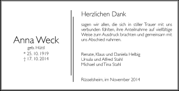 Traueranzeige von Anna Weck von Rüsselsheimer Echo, Groß-Gerauer-Echo, Ried Echo