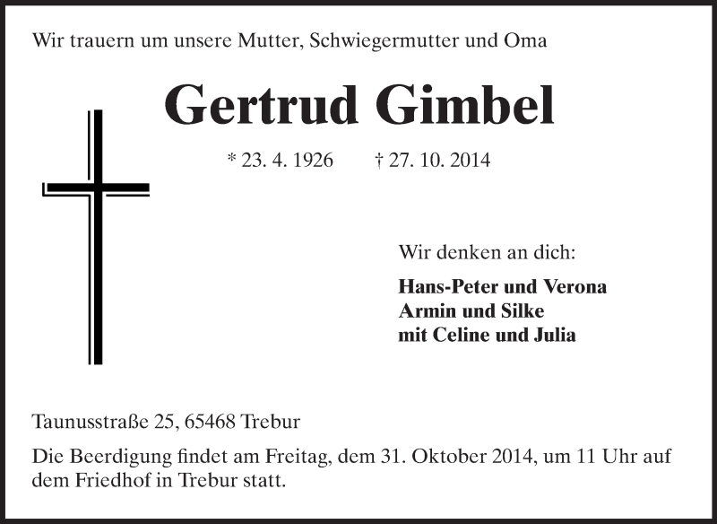  Traueranzeige für Gertrud Gimbel vom 29.10.2014 aus Rüsselsheimer Echo, Groß-Gerauer-Echo, Ried Echo