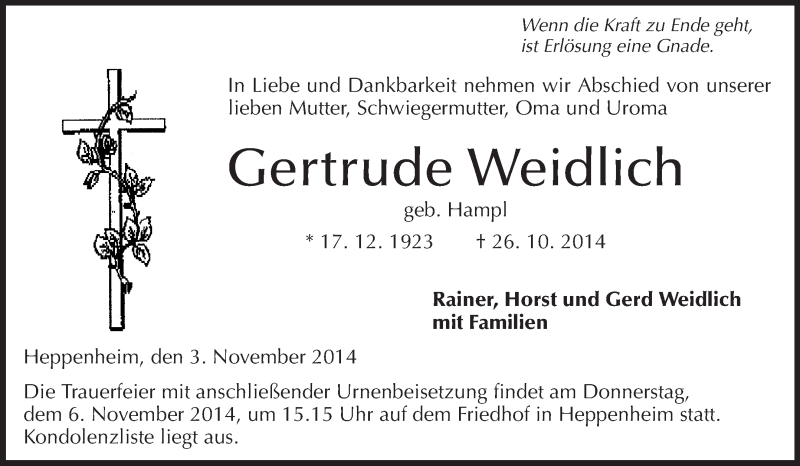  Traueranzeige für Gertrude Weidlich vom 03.11.2014 aus Starkenburger Echo